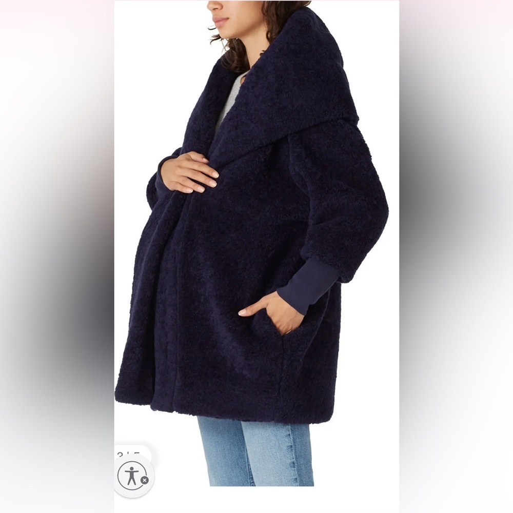 Hatch Coco Faux Sherpa Maternity Navy Hooded Women's Coat - Size P